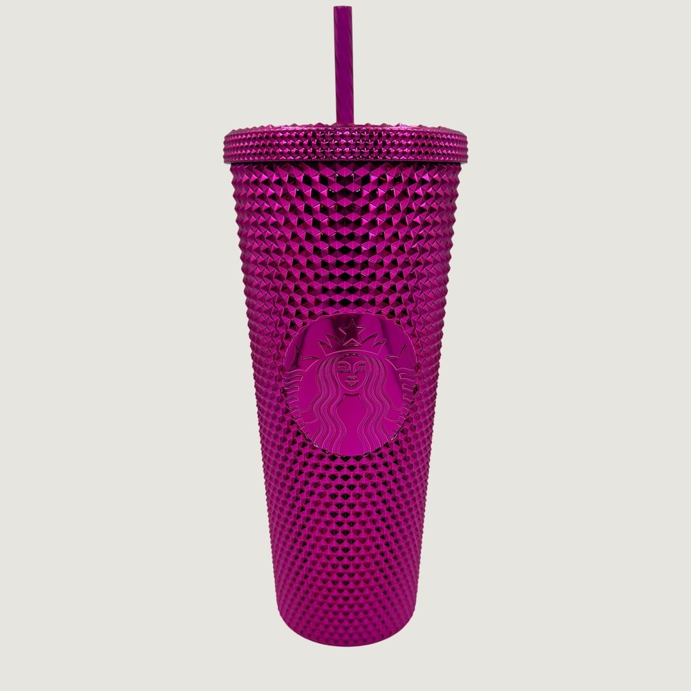 Starbucks 2021 Metallic Pink Studded Venti Tumbler 24oz Cold Cup with Straw